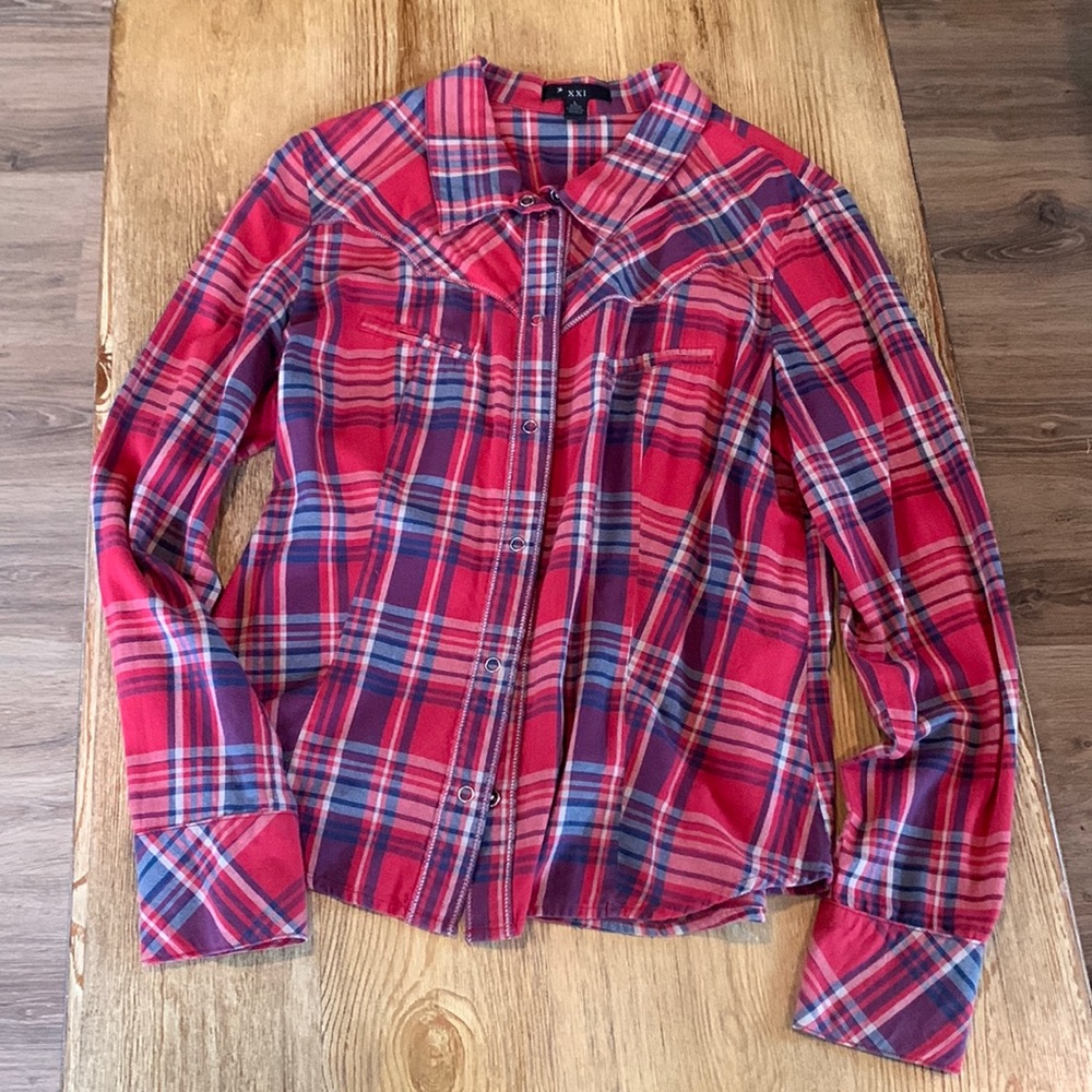 Forever 21 western plaid long sleeve button down shirt large